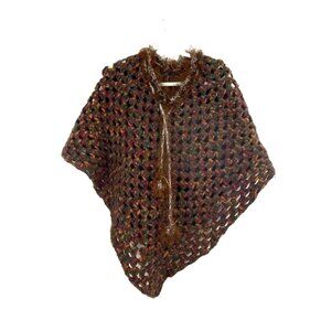 Handmade Multicolor Crochet Poncho With Faux Fur Trim